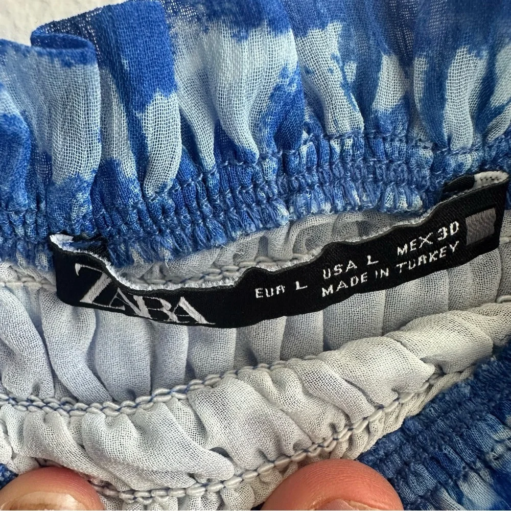 ZARA Blue Tie-Dye Smocked Puff Sleeve Top – Coastal Boho Festival Vibes Size L